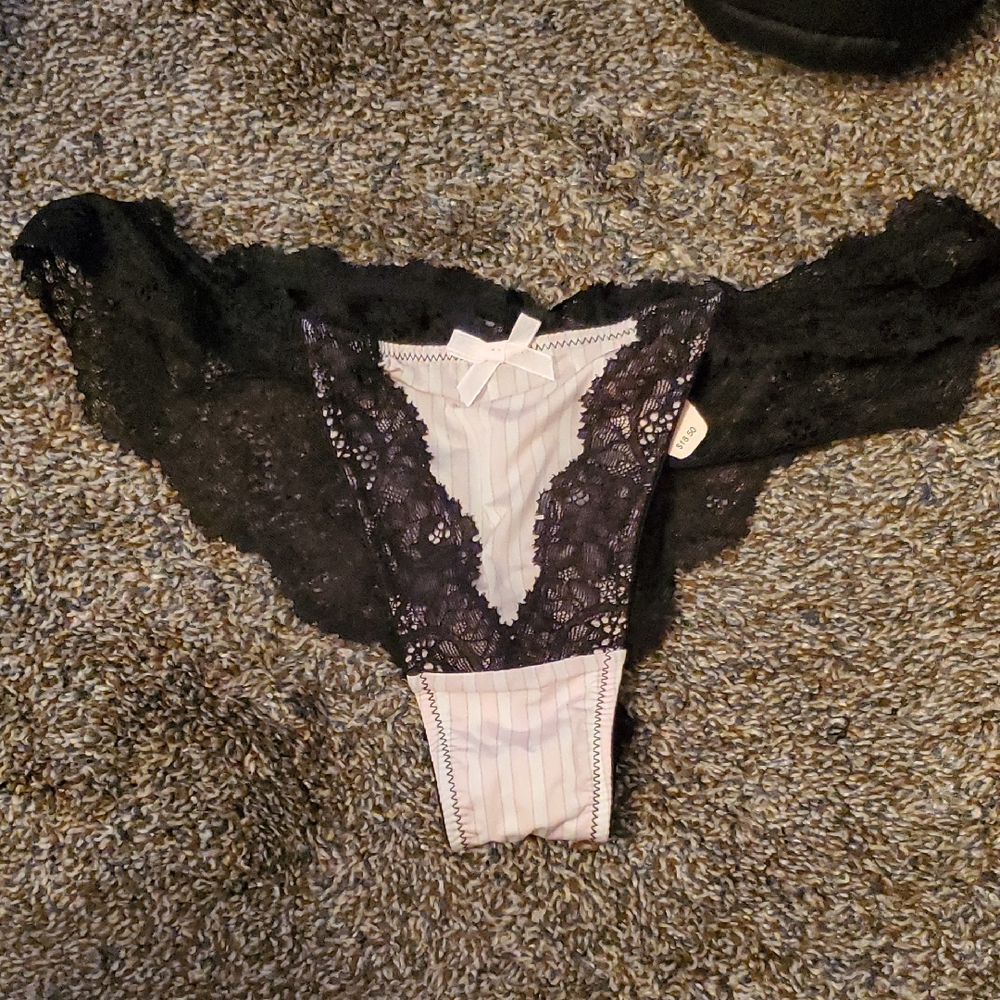 Victoria's Secret Black Lace & Light Pink Striped Cheeky Panty